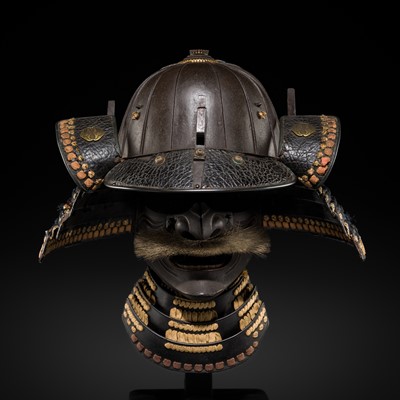 Lot 91 - A RUSSET-IRON SUJIBACHI KABUTO AND RESSEI MENPO, WITH NABESHIMA-MOKKOU MON