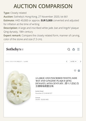 A WHITE JADE 'BAT AND LINGZHI' PENDANT, QING DYNASTY