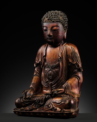 Lot 363 - A GILT-LACQUERED WOOD FIGURE OF BUDDHA, EARLY QING DYNASTY
