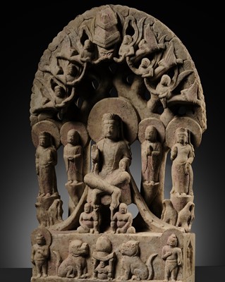 Lot 349 - A PAINTED MARBLE VOTIVE STELE WITH BUDDHA MAITREYA AND ATTENDANTS, NORTHERN QI DYNASTY