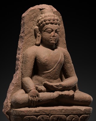 Lot 335 - A RARE RED SANDSTONE STELE OF A SEATED JINA, GUPTA PERIOD, 4TH-5TH CENTURY