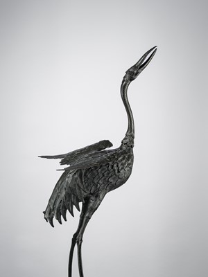 A VERY LARGE BRONZE FIGURE OF A CRANE