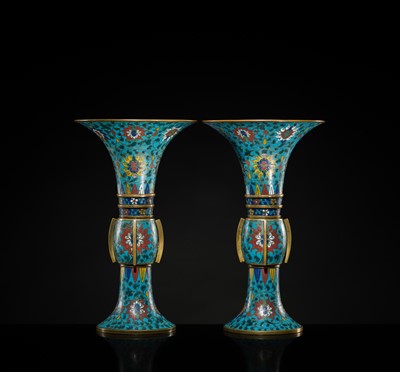 Lot 411 - A PAIR OF CLOISONNÉ ENAMEL BEAKER VASES, GU, LATE MING DYNASTY
