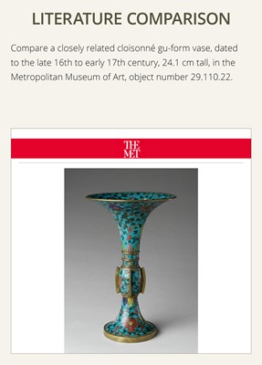 Lot 411 - A PAIR OF CLOISONNÉ ENAMEL BEAKER VASES, GU, LATE MING DYNASTY