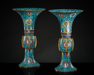 Lot 411 - A PAIR OF CLOISONNÉ ENAMEL BEAKER VASES, GU, LATE MING DYNASTY