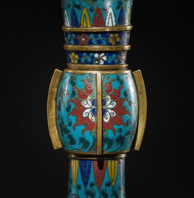 Lot 411 - A PAIR OF CLOISONNÉ ENAMEL BEAKER VASES, GU, LATE MING DYNASTY