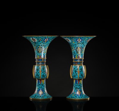 Lot 411 - A PAIR OF CLOISONNÉ ENAMEL BEAKER VASES, GU, LATE MING DYNASTY