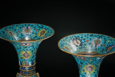 Lot 411 - A PAIR OF CLOISONNÉ ENAMEL BEAKER VASES, GU, LATE MING DYNASTY
