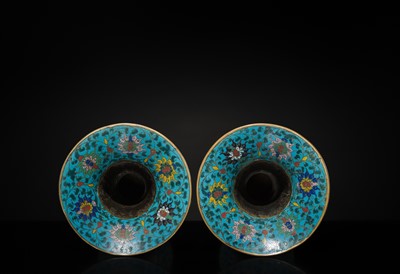 Lot 411 - A PAIR OF CLOISONNÉ ENAMEL BEAKER VASES, GU, LATE MING DYNASTY