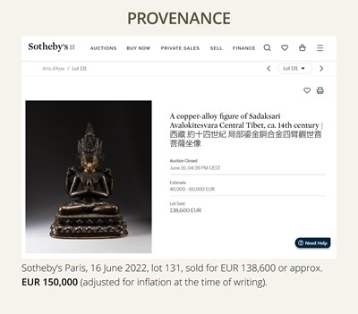 Lot 13 - A LARGE (56 CM) AND IMPORTANT BRONZE FIGURE OF SHADAKSHARI LOKESHVARA, CENTRAL TIBET, CIRCA 14TH CENTURY