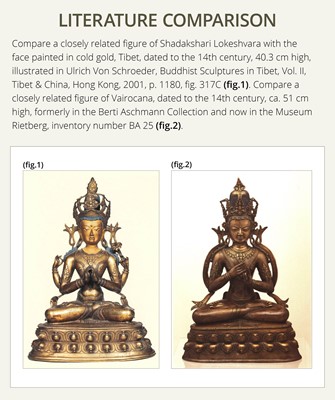 Lot 13 - A LARGE (56 CM) AND IMPORTANT BRONZE FIGURE OF SHADAKSHARI LOKESHVARA, CENTRAL TIBET, CIRCA 14TH CENTURY