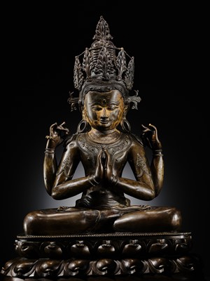Lot 13 - A LARGE (56 CM) AND IMPORTANT BRONZE FIGURE OF SHADAKSHARI LOKESHVARA, CENTRAL TIBET, CIRCA 14TH CENTURY