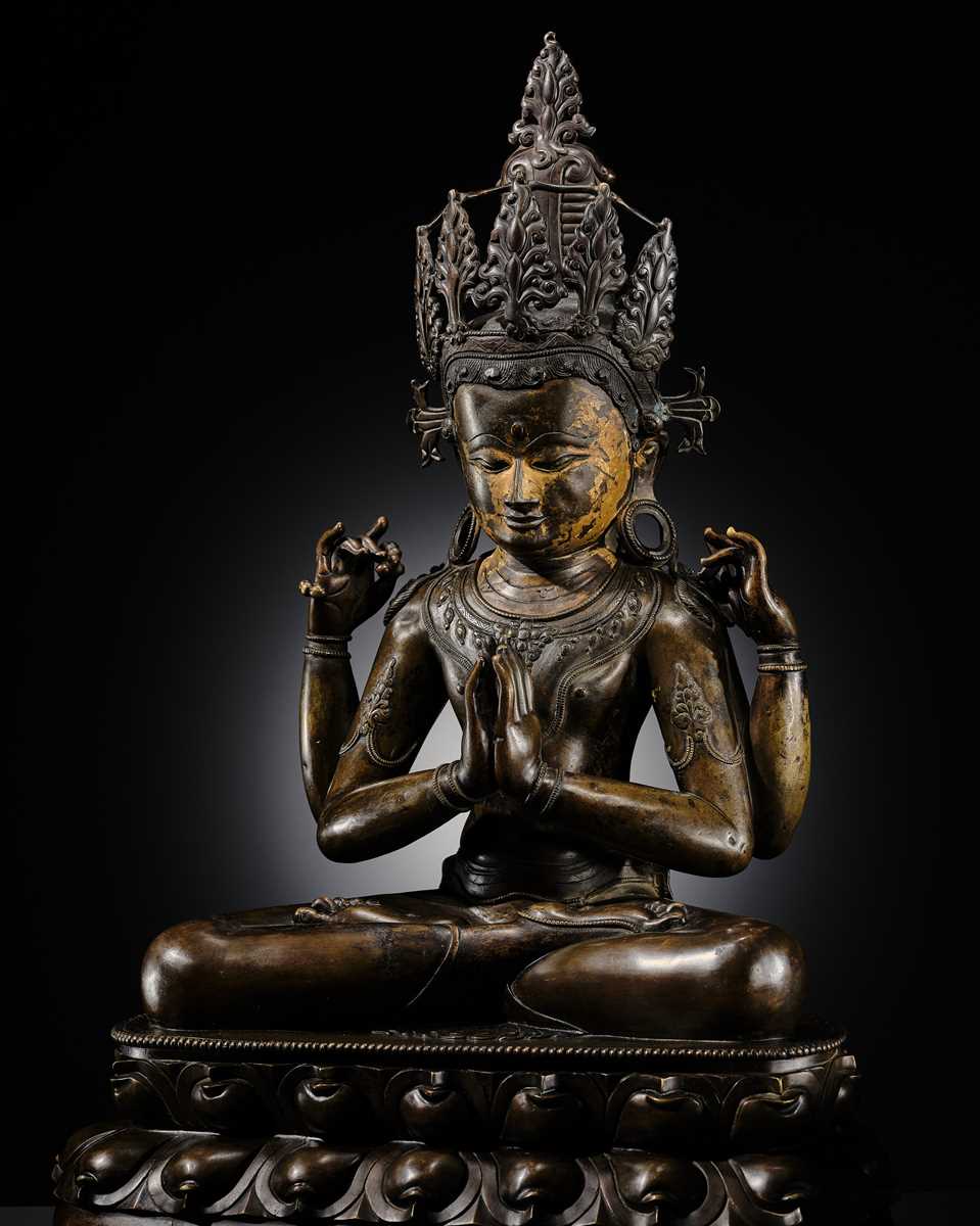 Lot 13 - A LARGE (56 CM) AND IMPORTANT BRONZE FIGURE OF SHADAKSHARI LOKESHVARA, CENTRAL TIBET, CIRCA 14TH CENTURY
