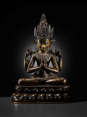 Lot 13 - A LARGE (56 CM) AND IMPORTANT BRONZE FIGURE OF SHADAKSHARI LOKESHVARA, CENTRAL TIBET, CIRCA 14TH CENTURY