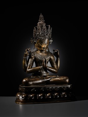 Lot 13 - A LARGE (56 CM) AND IMPORTANT BRONZE FIGURE OF SHADAKSHARI LOKESHVARA, CENTRAL TIBET, CIRCA 14TH CENTURY