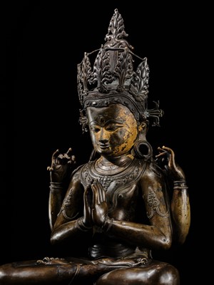 Lot 13 - A LARGE (56 CM) AND IMPORTANT BRONZE FIGURE OF SHADAKSHARI LOKESHVARA, CENTRAL TIBET, CIRCA 14TH CENTURY