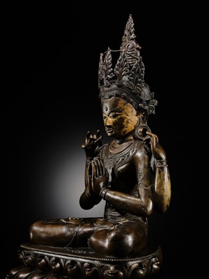 Lot 13 - A LARGE (56 CM) AND IMPORTANT BRONZE FIGURE OF SHADAKSHARI LOKESHVARA, CENTRAL TIBET, CIRCA 14TH CENTURY