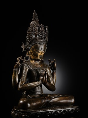 Lot 13 - A LARGE (56 CM) AND IMPORTANT BRONZE FIGURE OF SHADAKSHARI LOKESHVARA, CENTRAL TIBET, CIRCA 14TH CENTURY