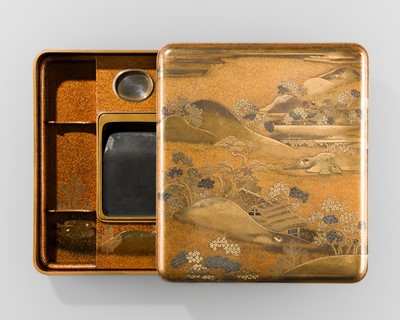 Lot 274 - A SUPERB GOLD LACQUER SUZURIBAKO (WRITING BOX) DEPICTING AN IDYLLIC LANDSCAPE SCENE
