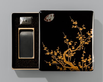 A FINE LACQUER SUZURIBAKO (WRITING BOX) OF A PLUM TREE AND MOON