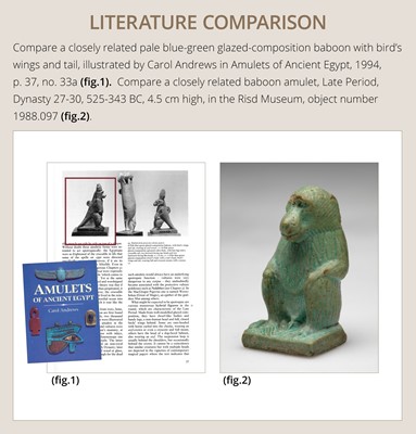 Lot 50 - A BLUE-GREEN FAIENCE ‘WINGED BABOON’ AMULET, THOTH, LATE PERIOD