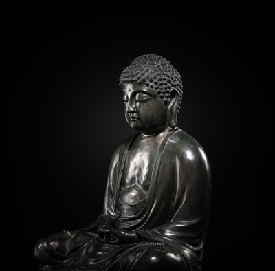 Lot 188 - AN IMPORTANT AND MASSIVE (80.5 CM) BRONZE TEMPLE FIGURE OF AMITABHA BUDDHA, EDO PERIOD