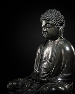 Lot 188 - AN IMPORTANT AND MASSIVE (80.5 CM) BRONZE TEMPLE FIGURE OF AMITABHA BUDDHA, EDO PERIOD