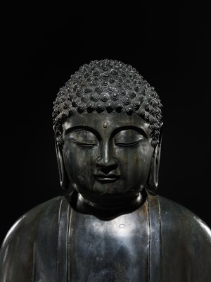 Lot 188 - AN IMPORTANT AND MASSIVE (80.5 CM) BRONZE TEMPLE FIGURE OF AMITABHA BUDDHA, EDO PERIOD