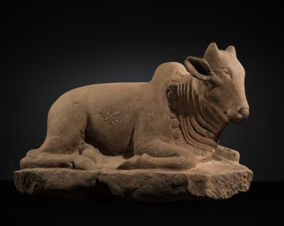 Lot 254 - A MAGNIFICENT SANDSTONE CARVING OF NANDI, PRE-ANGKOR PERIOD, 8TH CENTURY