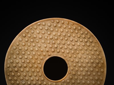 Lot 125 - A HIGHLY IMPORTANT ARCHAIC YELLOW JADE BI DISK, ON AN IMPERIALLY INSCRIBED ZITAN STAND, FROM THE PERSONAL COLLECTION OF THE QIANLONG EMPEROR (HONGLI)