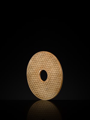 Lot 125 - A HIGHLY IMPORTANT ARCHAIC YELLOW JADE BI DISK, ON AN IMPERIALLY INSCRIBED ZITAN STAND, FROM THE PERSONAL COLLECTION OF THE QIANLONG EMPEROR (HONGLI)