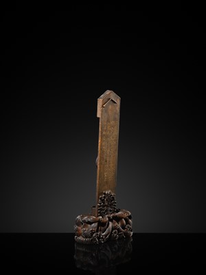 Lot 125 - A HIGHLY IMPORTANT ARCHAIC YELLOW JADE BI DISK, ON AN IMPERIALLY INSCRIBED ZITAN STAND, FROM THE PERSONAL COLLECTION OF THE QIANLONG EMPEROR (HONGLI)