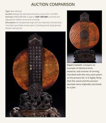 Lot 125 - A HIGHLY IMPORTANT ARCHAIC YELLOW JADE BI DISK, ON AN IMPERIALLY INSCRIBED ZITAN STAND, FROM THE PERSONAL COLLECTION OF THE QIANLONG EMPEROR (HONGLI)