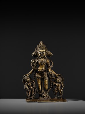 A RARE AND LARGE SILVER-INLAID BRONZE FIGURE OF VAIKUNTHA VISHNU, KASHMIR, 9TH-10TH CENTURY