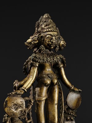 A RARE AND LARGE SILVER-INLAID BRONZE FIGURE OF VAIKUNTHA VISHNU, KASHMIR, 9TH-10TH CENTURY