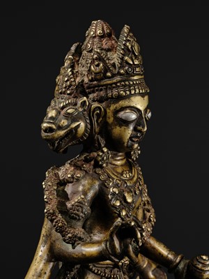 A RARE AND LARGE SILVER-INLAID BRONZE FIGURE OF VAIKUNTHA VISHNU, KASHMIR, 9TH-10TH CENTURY