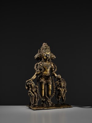 A RARE AND LARGE SILVER-INLAID BRONZE FIGURE OF VAIKUNTHA VISHNU, KASHMIR, 9TH-10TH CENTURY