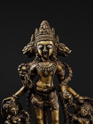 A RARE AND LARGE SILVER-INLAID BRONZE FIGURE OF VAIKUNTHA VISHNU, KASHMIR, 9TH-10TH CENTURY