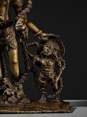 A RARE AND LARGE SILVER-INLAID BRONZE FIGURE OF VAIKUNTHA VISHNU, KASHMIR, 9TH-10TH CENTURY