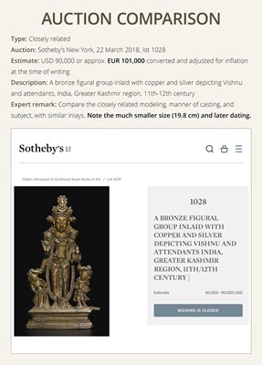 A RARE AND LARGE SILVER-INLAID BRONZE FIGURE OF VAIKUNTHA VISHNU, KASHMIR, 9TH-10TH CENTURY