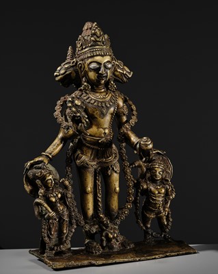 A RARE AND LARGE SILVER-INLAID BRONZE FIGURE OF VAIKUNTHA VISHNU, KASHMIR, 9TH-10TH CENTURY