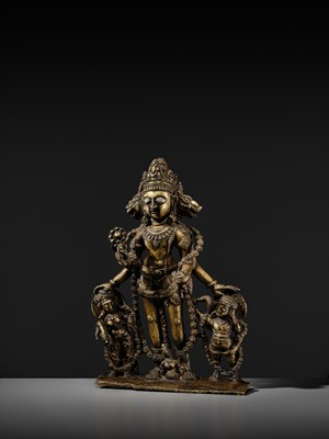 A RARE AND LARGE SILVER-INLAID BRONZE FIGURE OF VAIKUNTHA VISHNU, KASHMIR, 9TH-10TH CENTURY