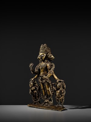 A RARE AND LARGE SILVER-INLAID BRONZE FIGURE OF VAIKUNTHA VISHNU, KASHMIR, 9TH-10TH CENTURY