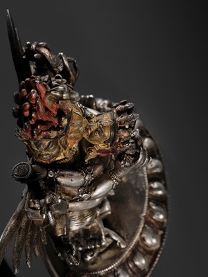 Lot 35 - A GILT-LACQUERED AND PAINTED SILVER FIGURE OF SUPERSECRET HAYAGRIVA AND CONSORT, TIBET, 18TH-19TH CENTURY