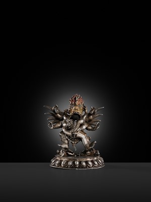 Lot 35 - A GILT-LACQUERED AND PAINTED SILVER FIGURE OF SUPERSECRET HAYAGRIVA AND CONSORT, TIBET, 18TH-19TH CENTURY