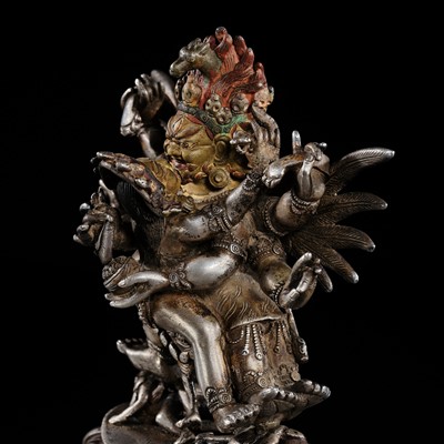 Lot 35 - A GILT-LACQUERED AND PAINTED SILVER FIGURE OF SUPERSECRET HAYAGRIVA AND CONSORT, TIBET, 18TH-19TH CENTURY