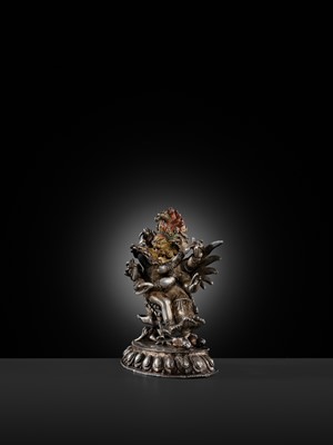 Lot 35 - A GILT-LACQUERED AND PAINTED SILVER FIGURE OF SUPERSECRET HAYAGRIVA AND CONSORT, TIBET, 18TH-19TH CENTURY