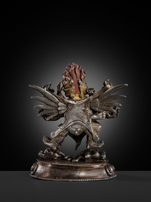 Lot 35 - A GILT-LACQUERED AND PAINTED SILVER FIGURE OF SUPERSECRET HAYAGRIVA AND CONSORT, TIBET, 18TH-19TH CENTURY