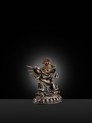 Lot 35 - A GILT-LACQUERED AND PAINTED SILVER FIGURE OF SUPERSECRET HAYAGRIVA AND CONSORT, TIBET, 18TH-19TH CENTURY