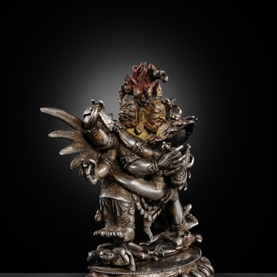 Lot 35 - A GILT-LACQUERED AND PAINTED SILVER FIGURE OF SUPERSECRET HAYAGRIVA AND CONSORT, TIBET, 18TH-19TH CENTURY